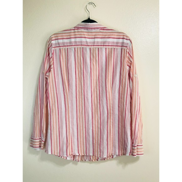 Caribbean Joe Women's Tab Sleeve Striped Cotton Button Up, Size L - Picture 2 of 3